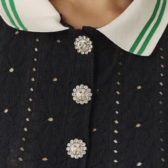 Maeve Blue Puff Sleeve Lace Polo Navy Knit Top Size Large NwT. - Picture 2 of 11